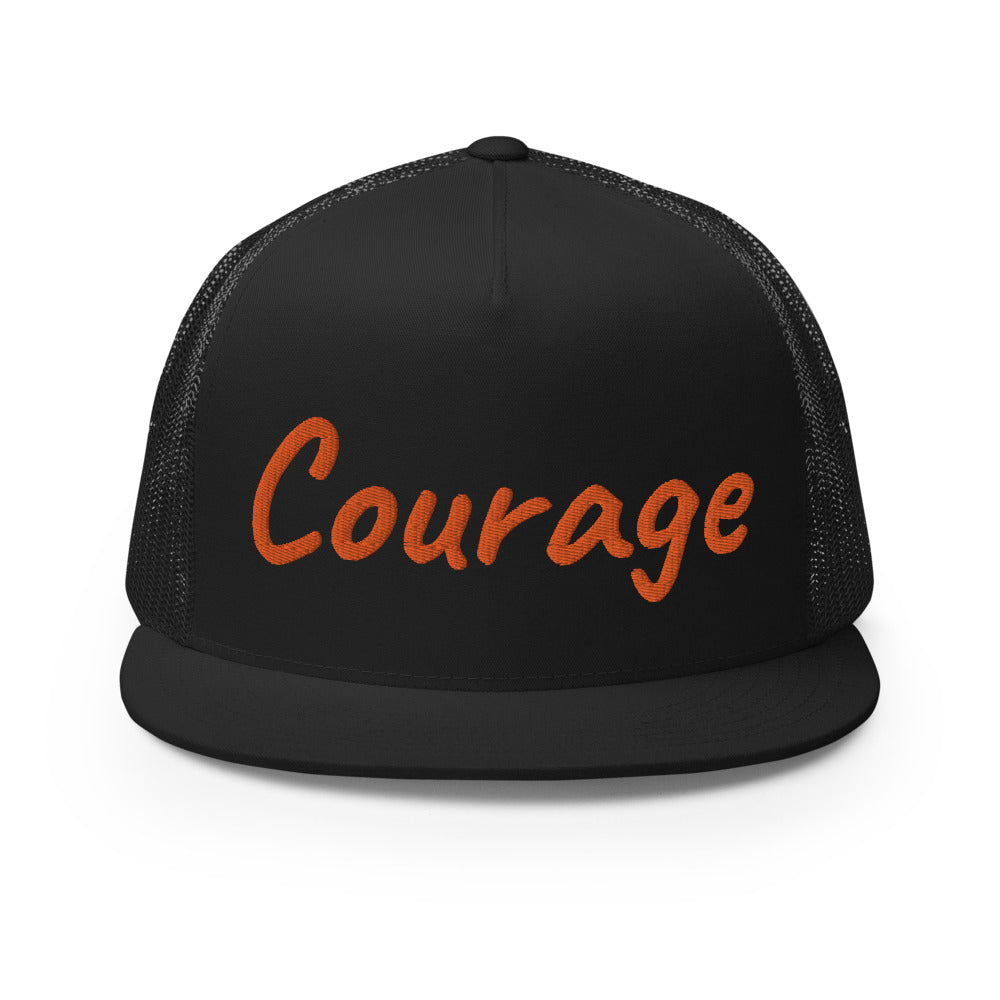 Courage In Amber Embroidery on 5 Panel Trucker Cap