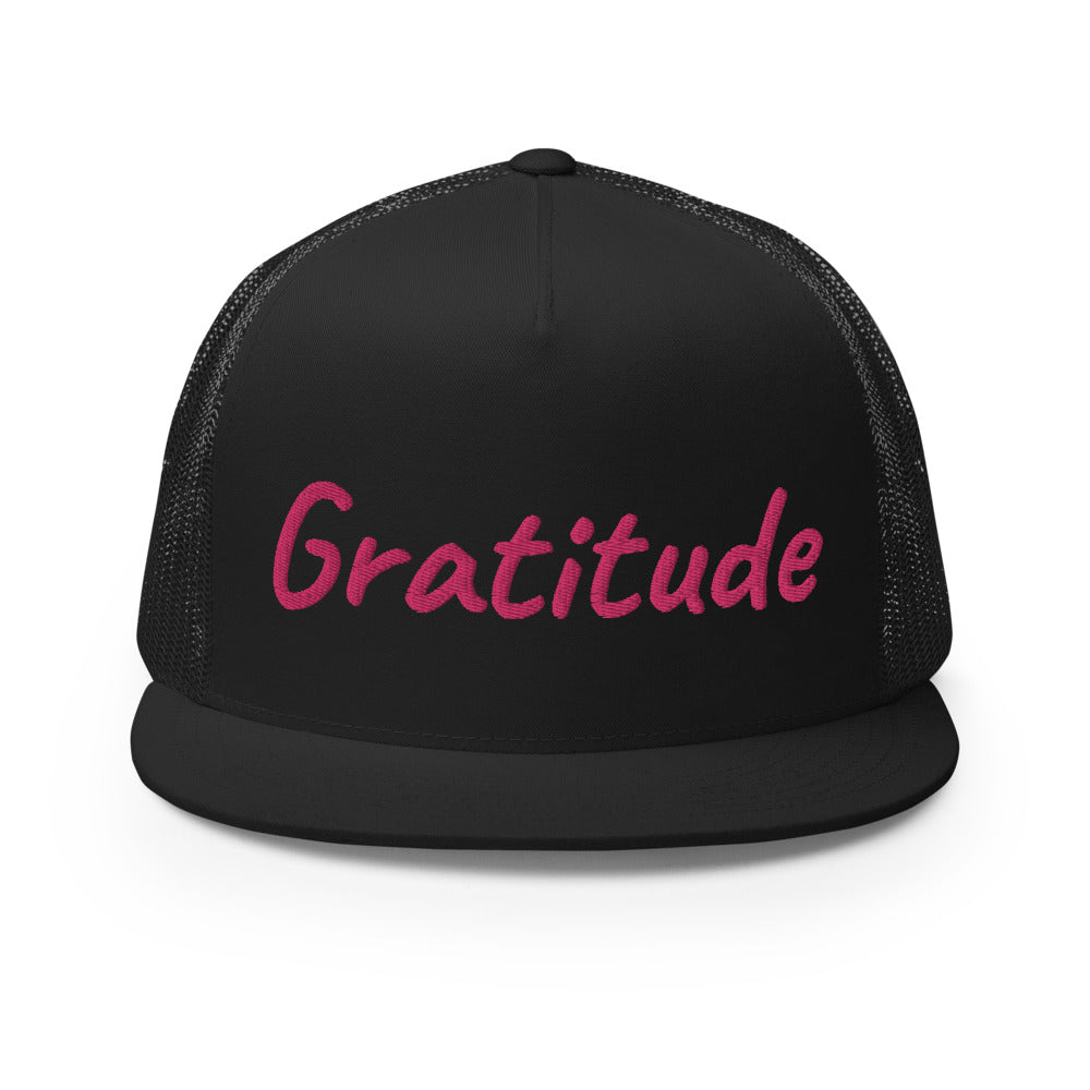 Gratitude In Star Rose Quartz Embroidery on 5 Panel Trucker Cap