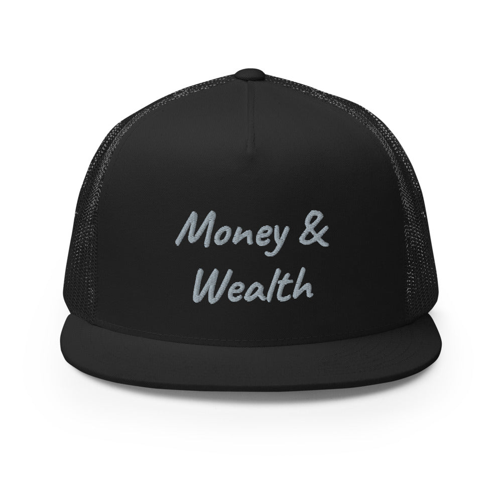 Money & Wealth In Silver Embroidery on 5 Panel Trucker Cap