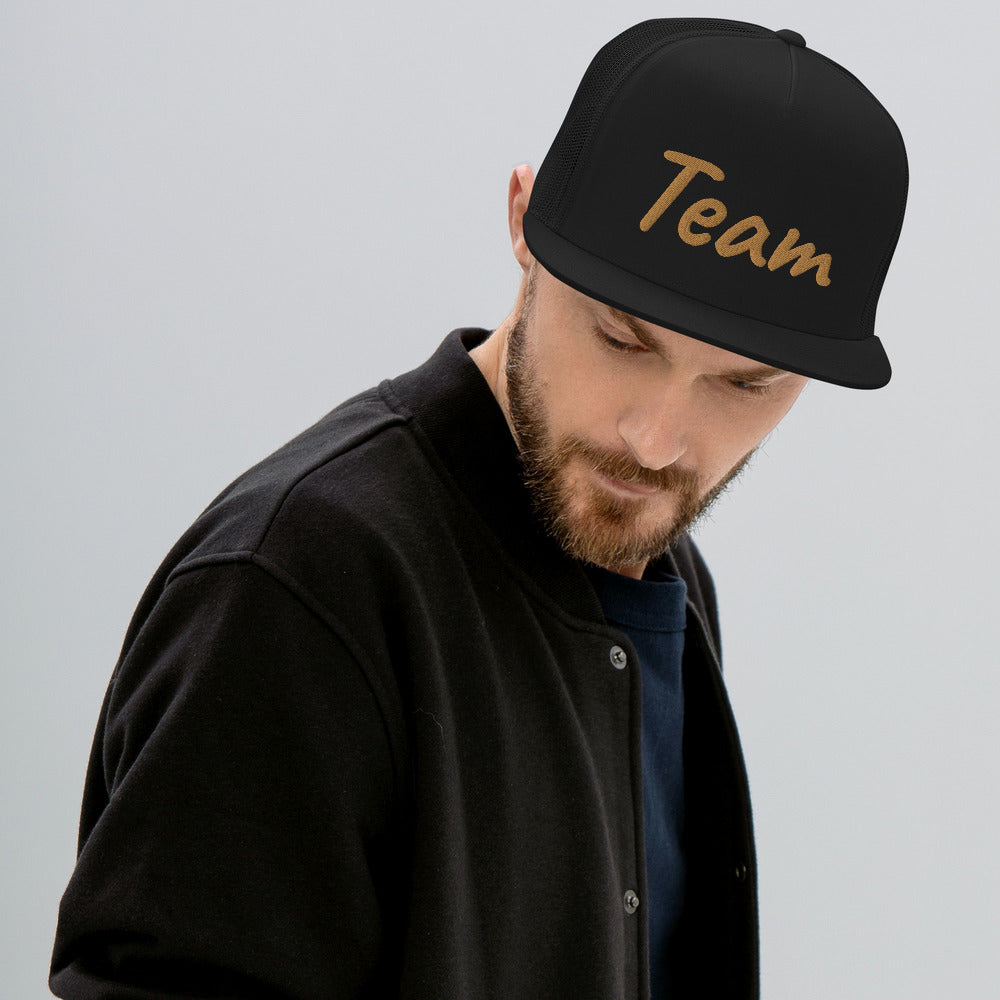 Team In Celluloid Embroidery on 5 Panel Trucker Cap