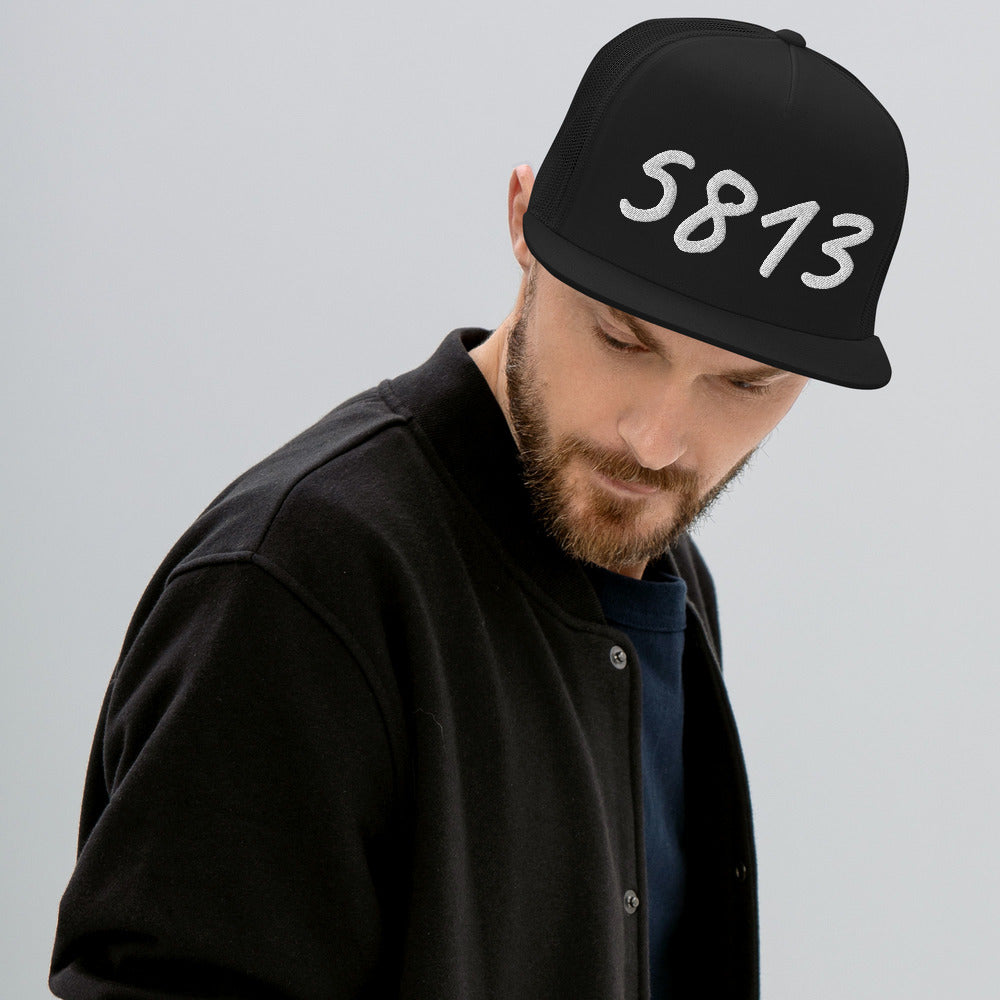 5813 In Pearl Embroidery on 5 Panel Trucker Cap