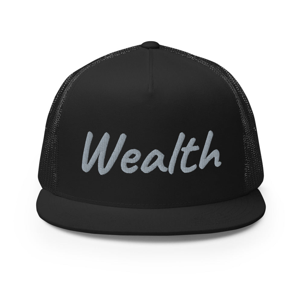 Wealth In Silver Embroidery on 5 Panel Trucker Cap