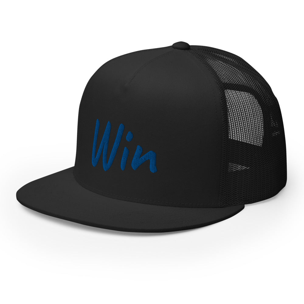 Win In Sapphire Embroidery on 5 Panel Trucker Cap