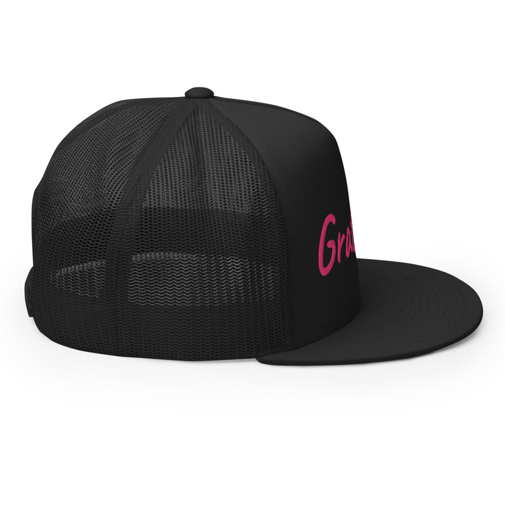 Gratitude In Star Rose Quartz Embroidery on 5 Panel Trucker Cap