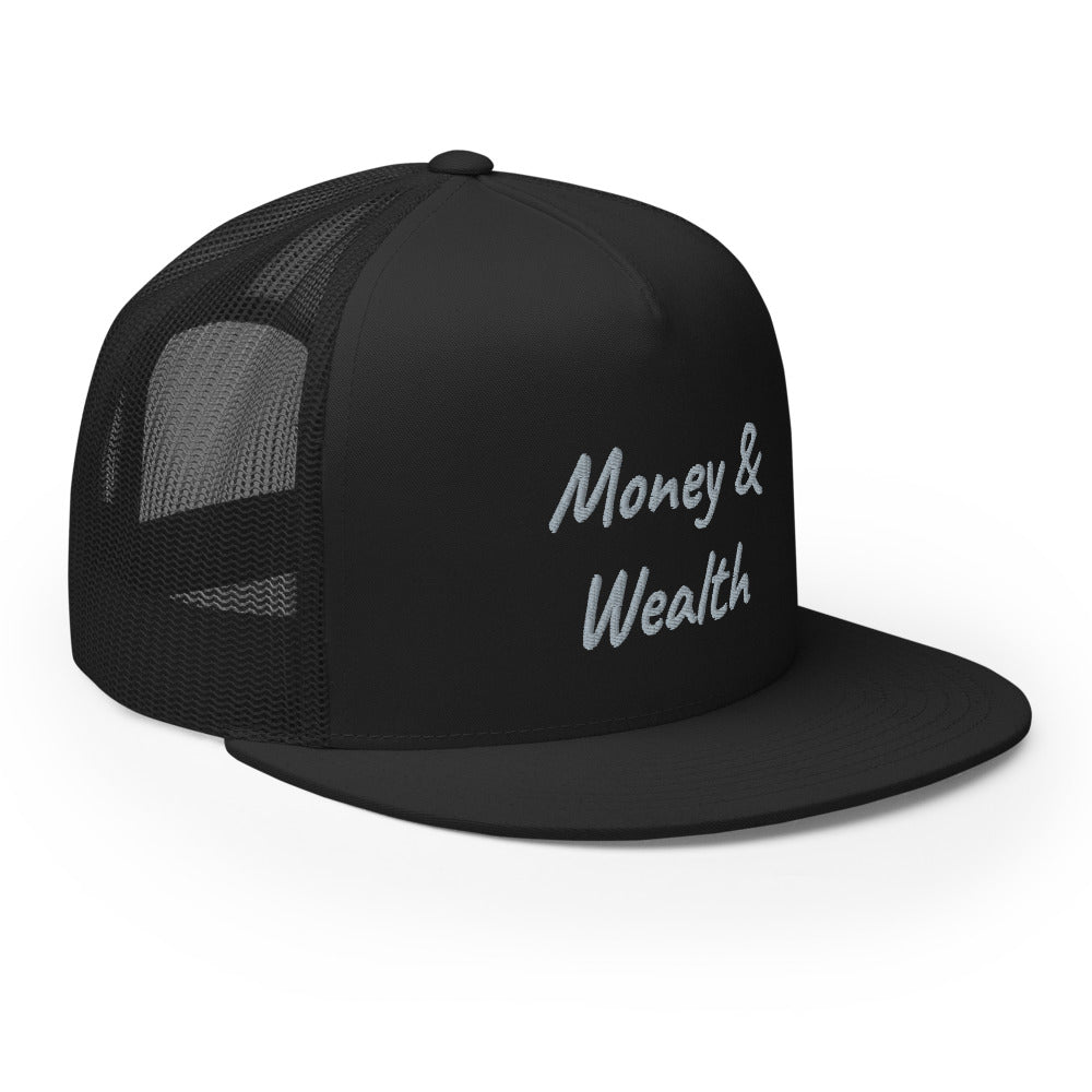 Money & Wealth In Silver Embroidery on 5 Panel Trucker Cap