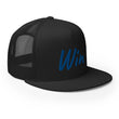 Win In Sapphire Embroidery on 5 Panel Trucker Cap