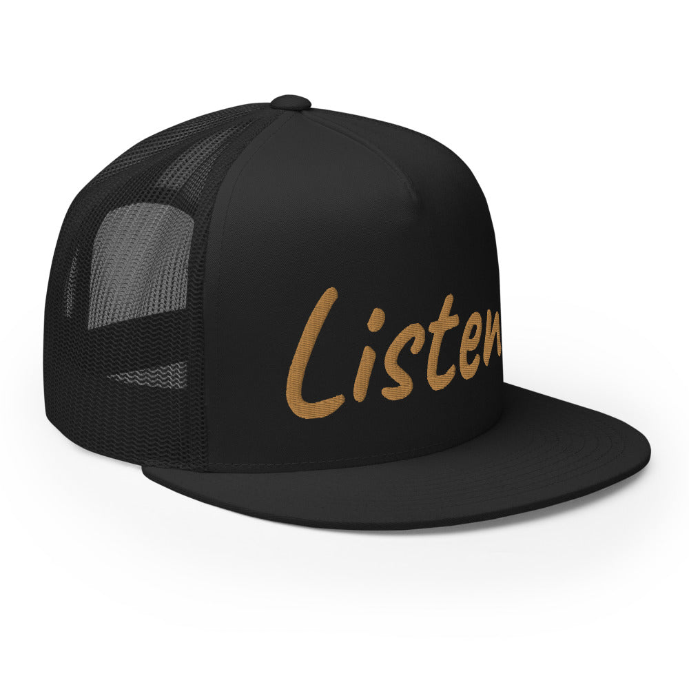 Listen In Copper Embroidery on 5 Panel Trucker Cap