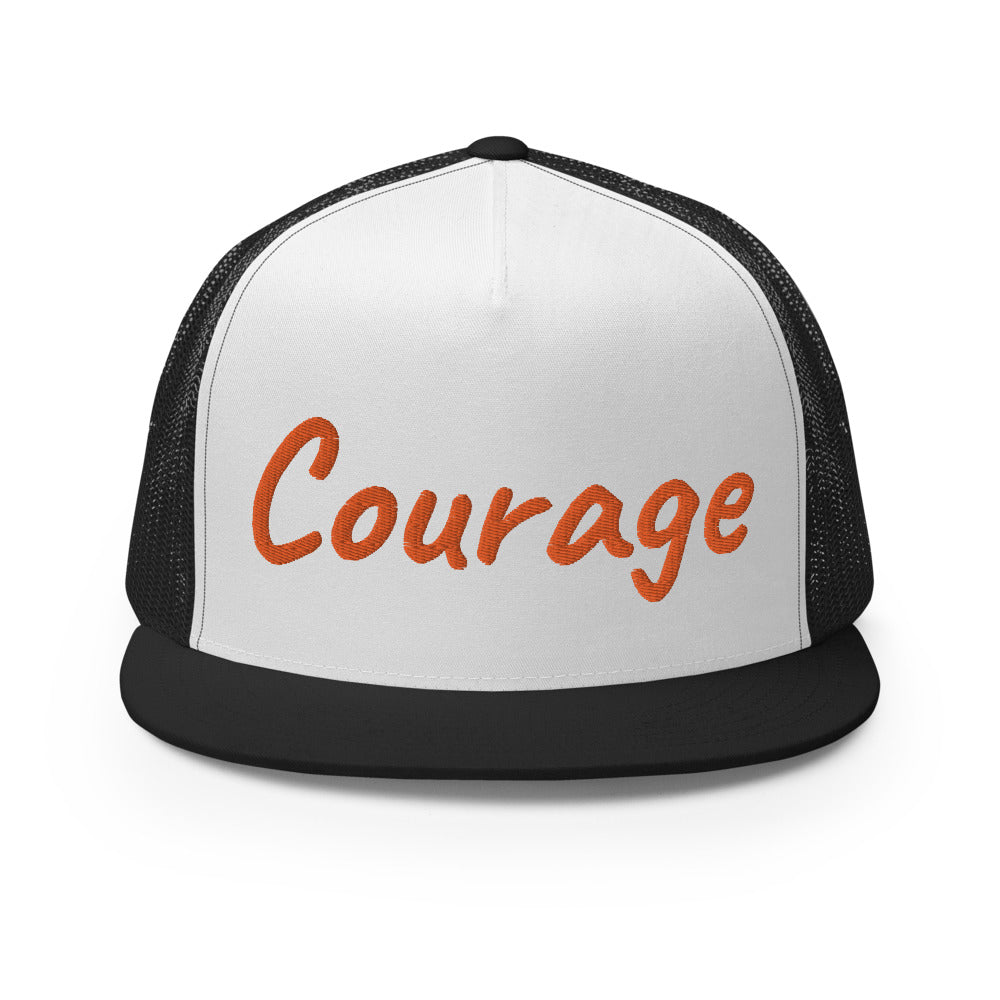 Courage In Amber Embroidery on 5 Panel Trucker Cap