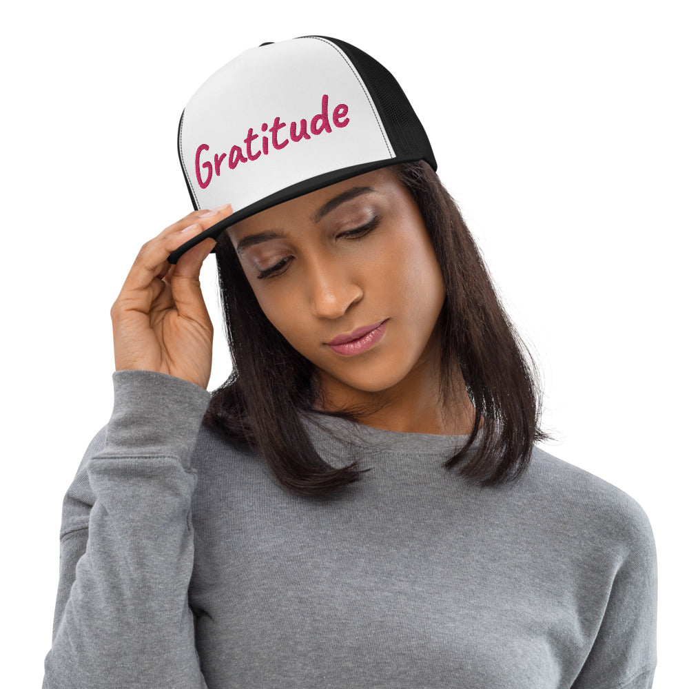 Gratitude In Star Rose Quartz Embroidery on 5 Panel Trucker Cap