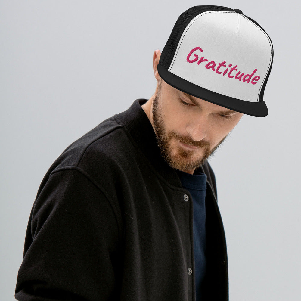 Gratitude In Star Rose Quartz Embroidery on 5 Panel Trucker Cap