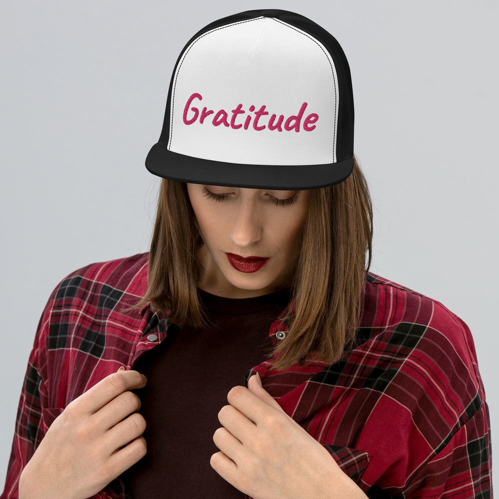 Gratitude In Star Rose Quartz Embroidery on 5 Panel Trucker Cap