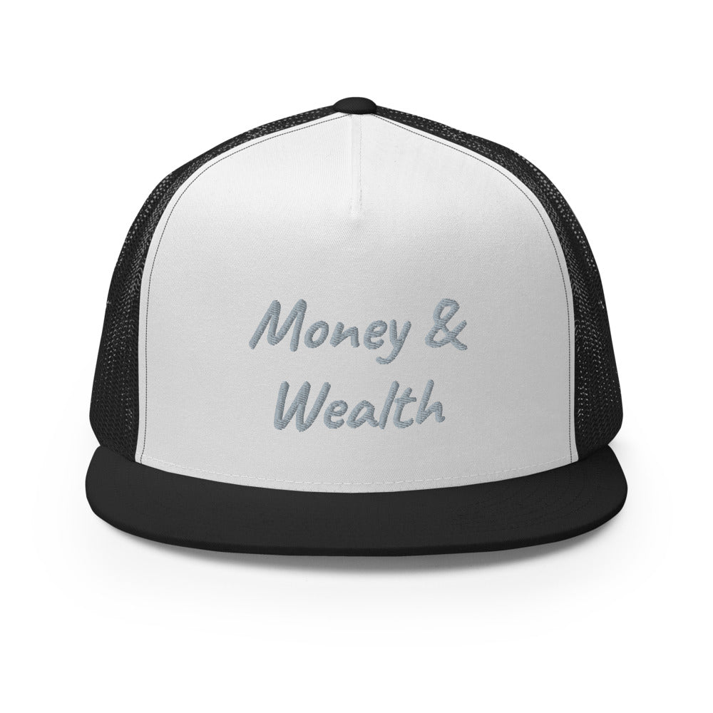 Money & Wealth In Silver Embroidery on 5 Panel Trucker Cap