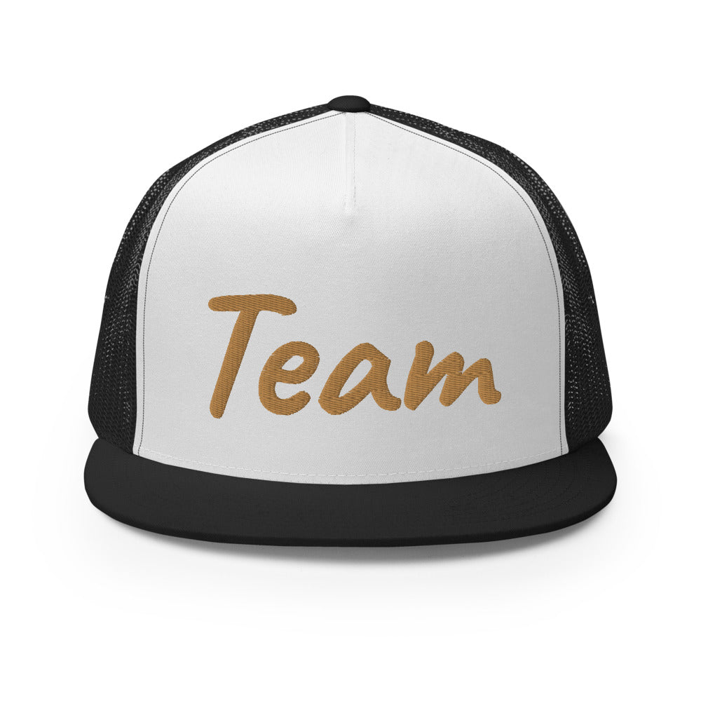 Team In Celluloid Embroidery on 5 Panel Trucker Cap