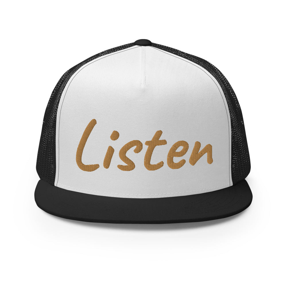 Listen In Copper Embroidery on 5 Panel Trucker Cap