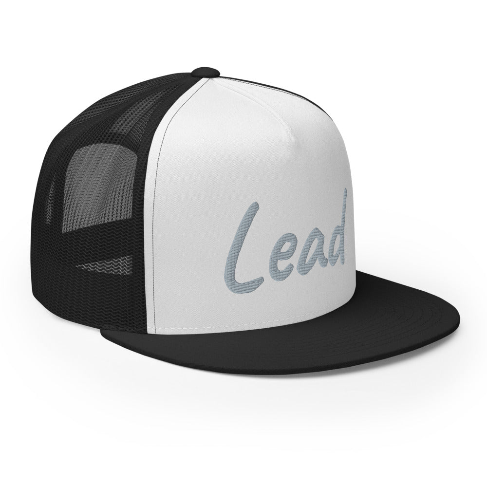 Lead In Silver Embroidery on 5 Panel Trucker Cap