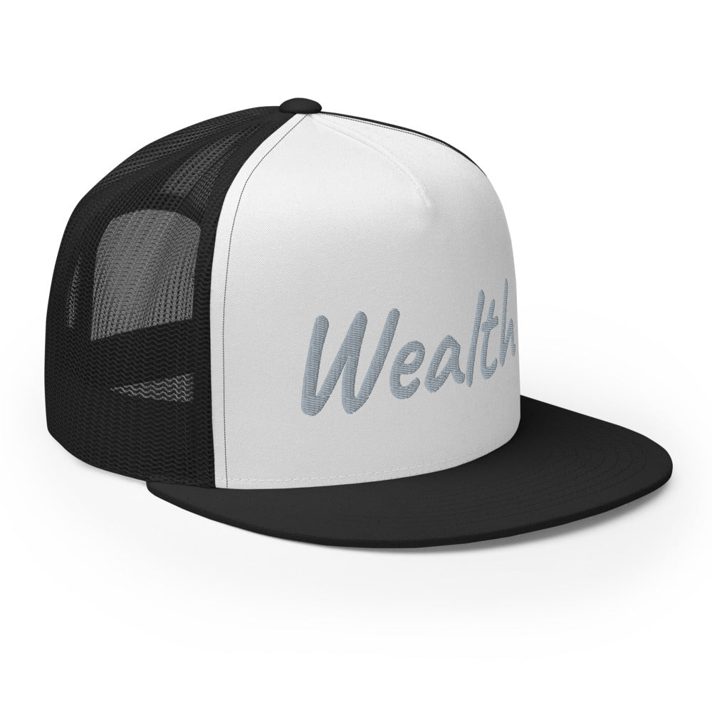 Wealth In Silver Embroidery on 5 Panel Trucker Cap