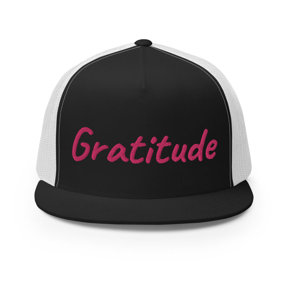 Gratitude In Star Rose Quartz Embroidery on 5 Panel Trucker Cap