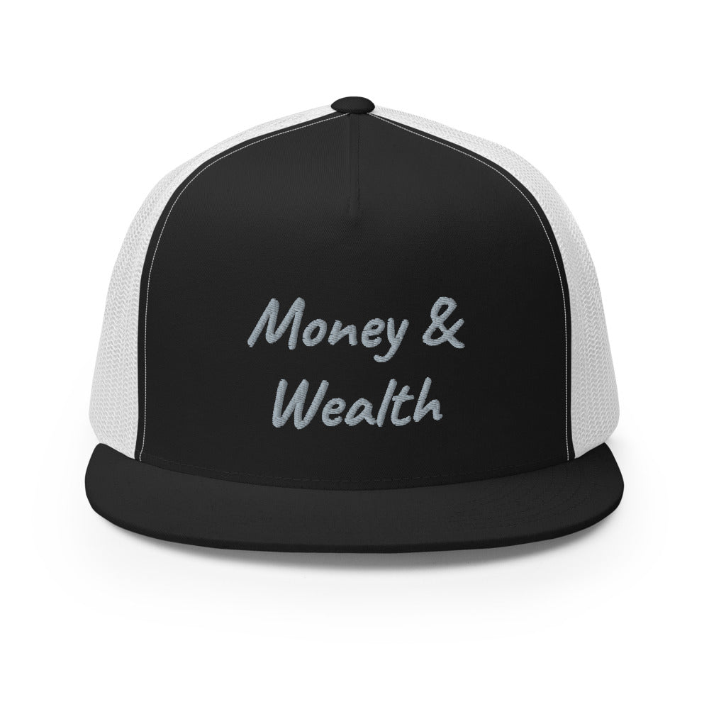 Money & Wealth In Silver Embroidery on 5 Panel Trucker Cap