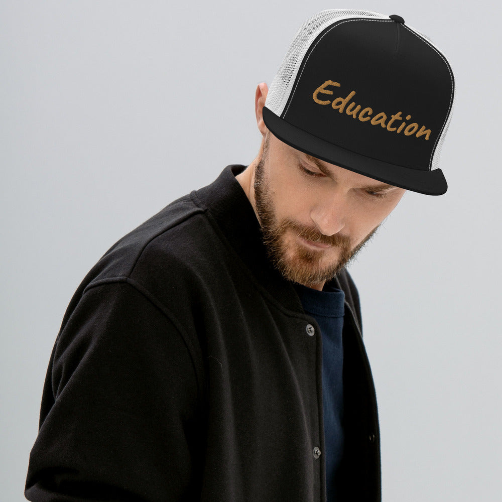 Education In Copper Embroidery on 5 Panel Trucker Cap