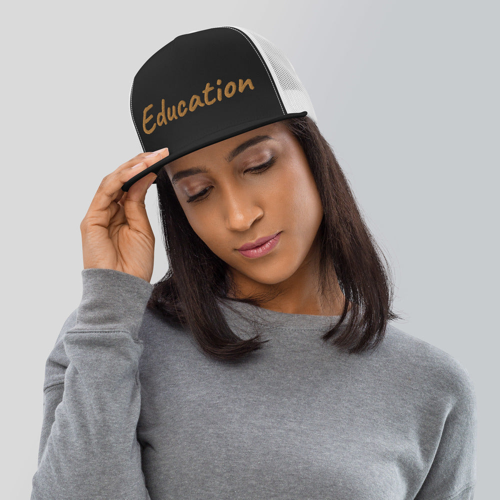 Education In Copper Embroidery on 5 Panel Trucker Cap