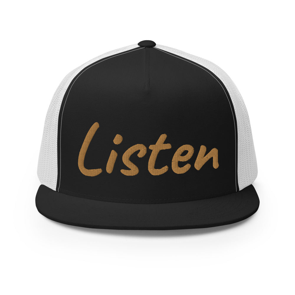 Listen In Copper Embroidery on 5 Panel Trucker Cap