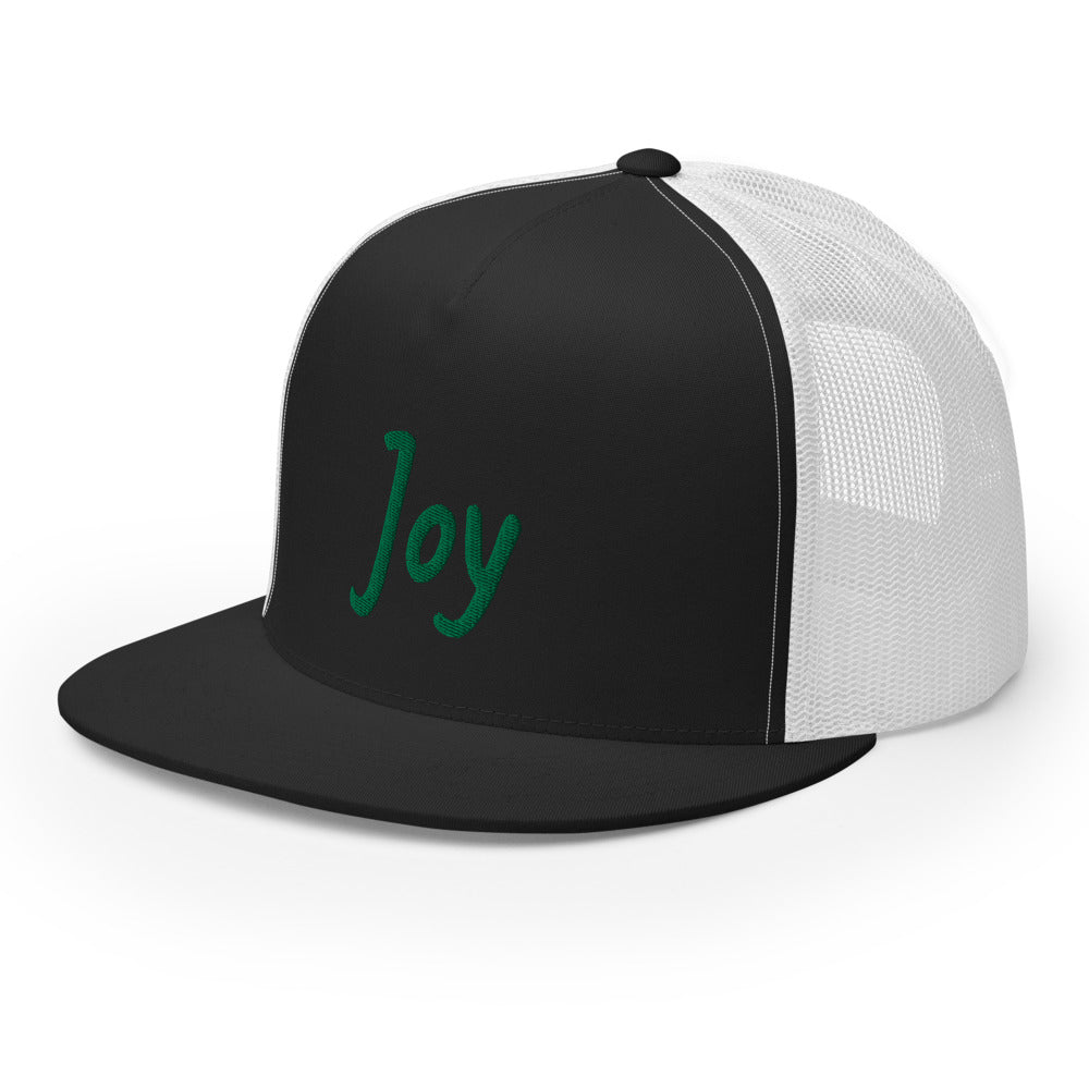 Joy In Emerald Embroidery on 5 Panel Trucker Cap