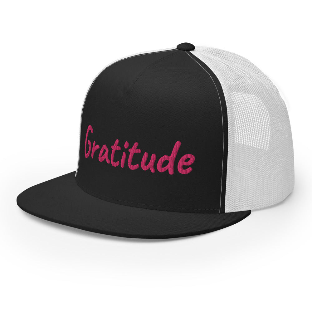 Gratitude In Star Rose Quartz Embroidery on 5 Panel Trucker Cap