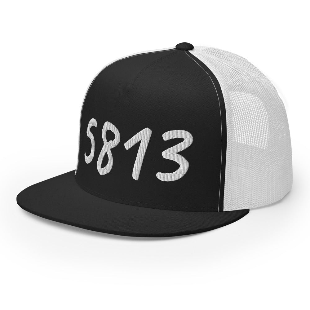 5813 In Pearl Embroidery on 5 Panel Trucker Cap