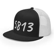 5813 In Pearl Embroidery on 5 Panel Trucker Cap