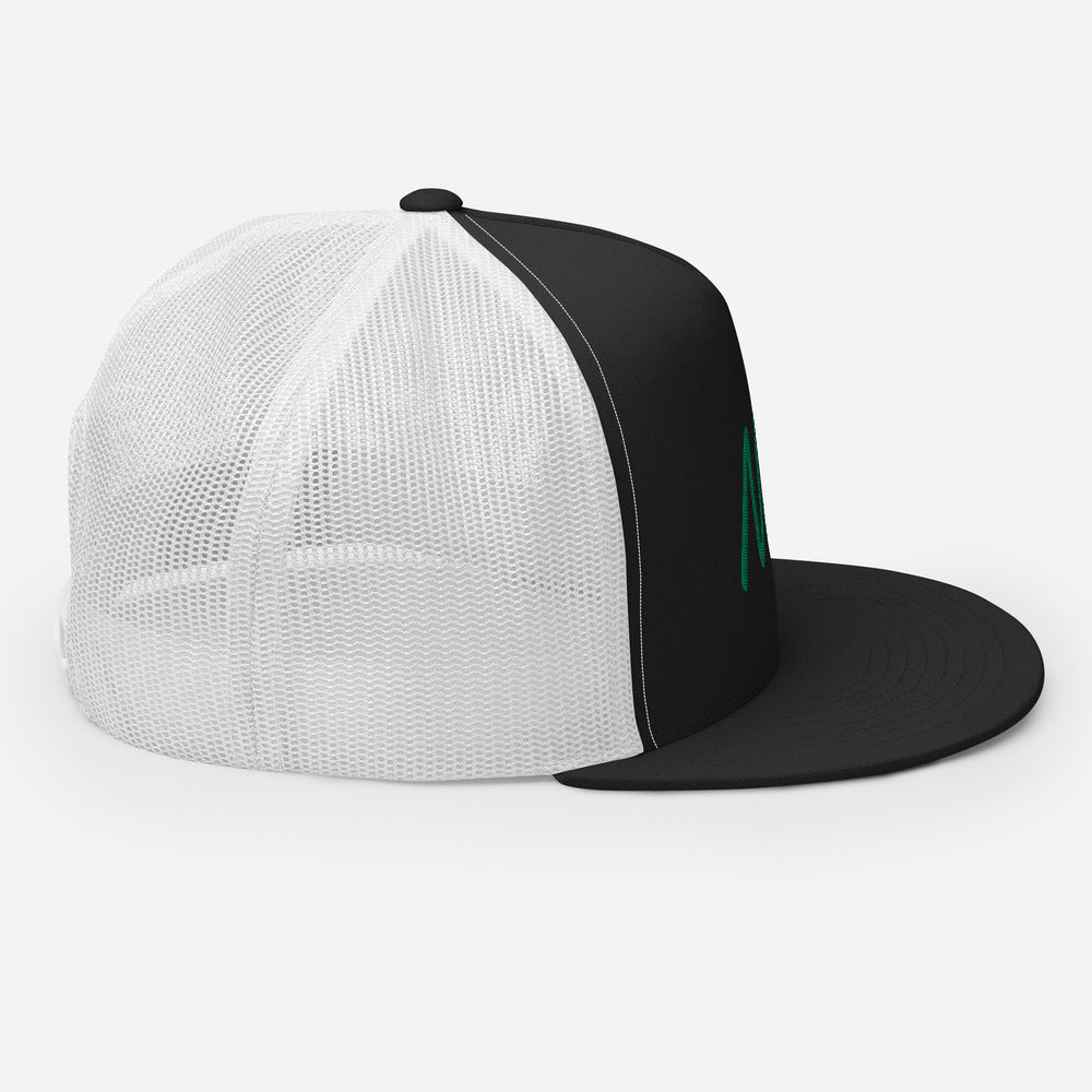 Now In Emerald Embroidery on 5 Panel Trucker Cap