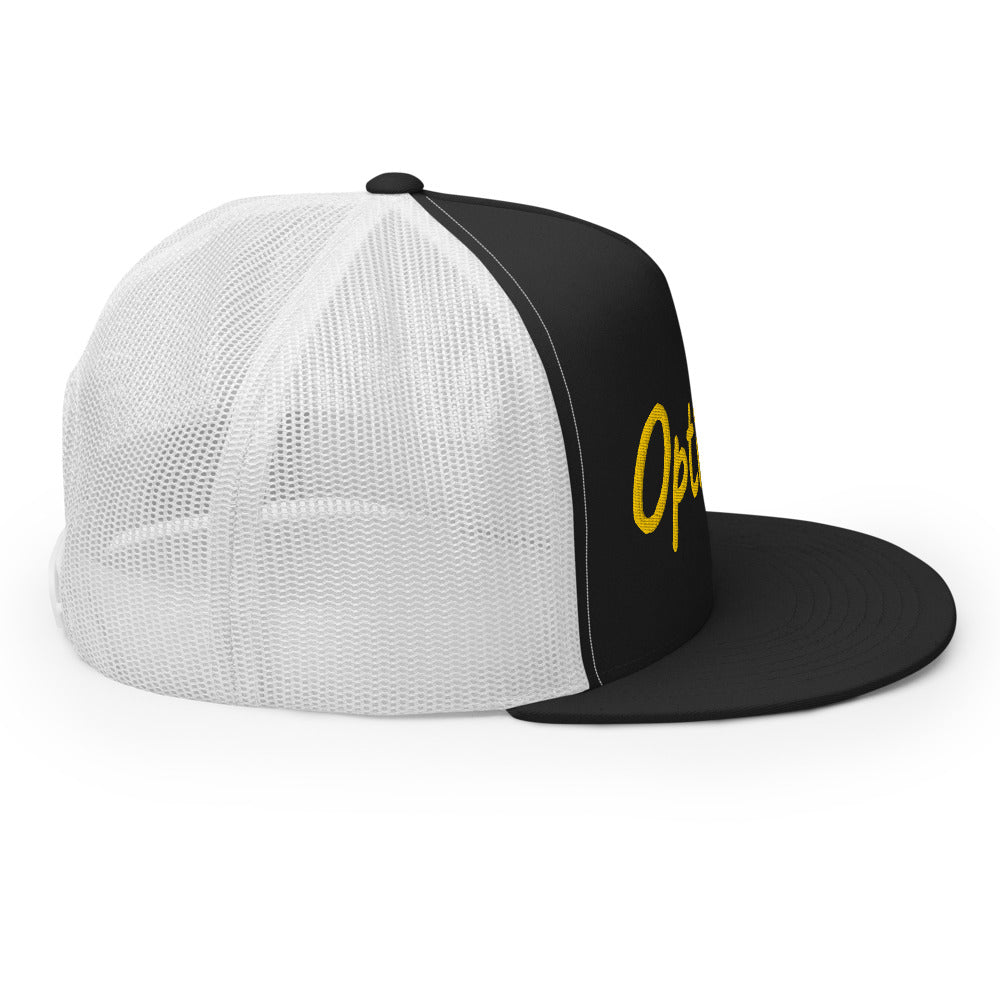 Optimist In Gold Embroidery on 5 Panel Trucker Cap