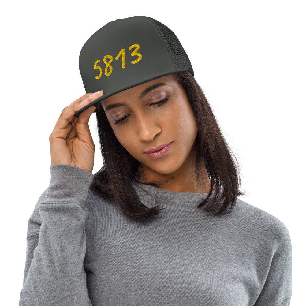 5813 In Gold Embroidery on 5 Panel Trucker Cap