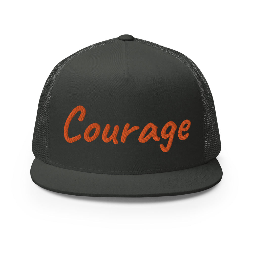 Courage In Amber Embroidery on 5 Panel Trucker Cap