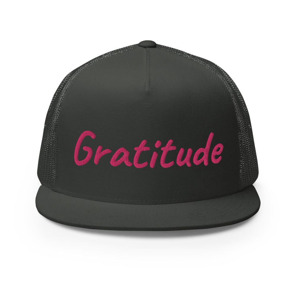 Gratitude In Star Rose Quartz Embroidery on 5 Panel Trucker Cap