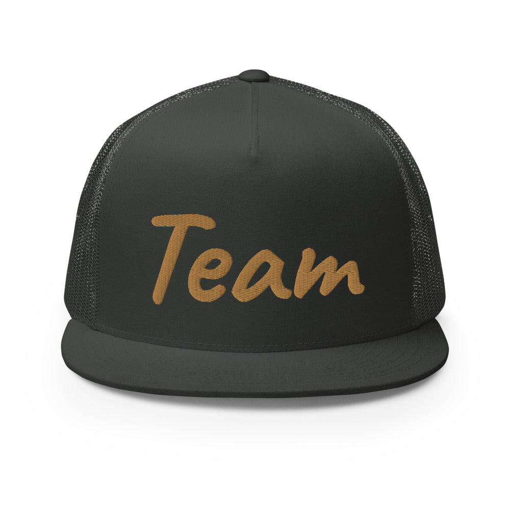 Team In Celluloid Embroidery on 5 Panel Trucker Cap