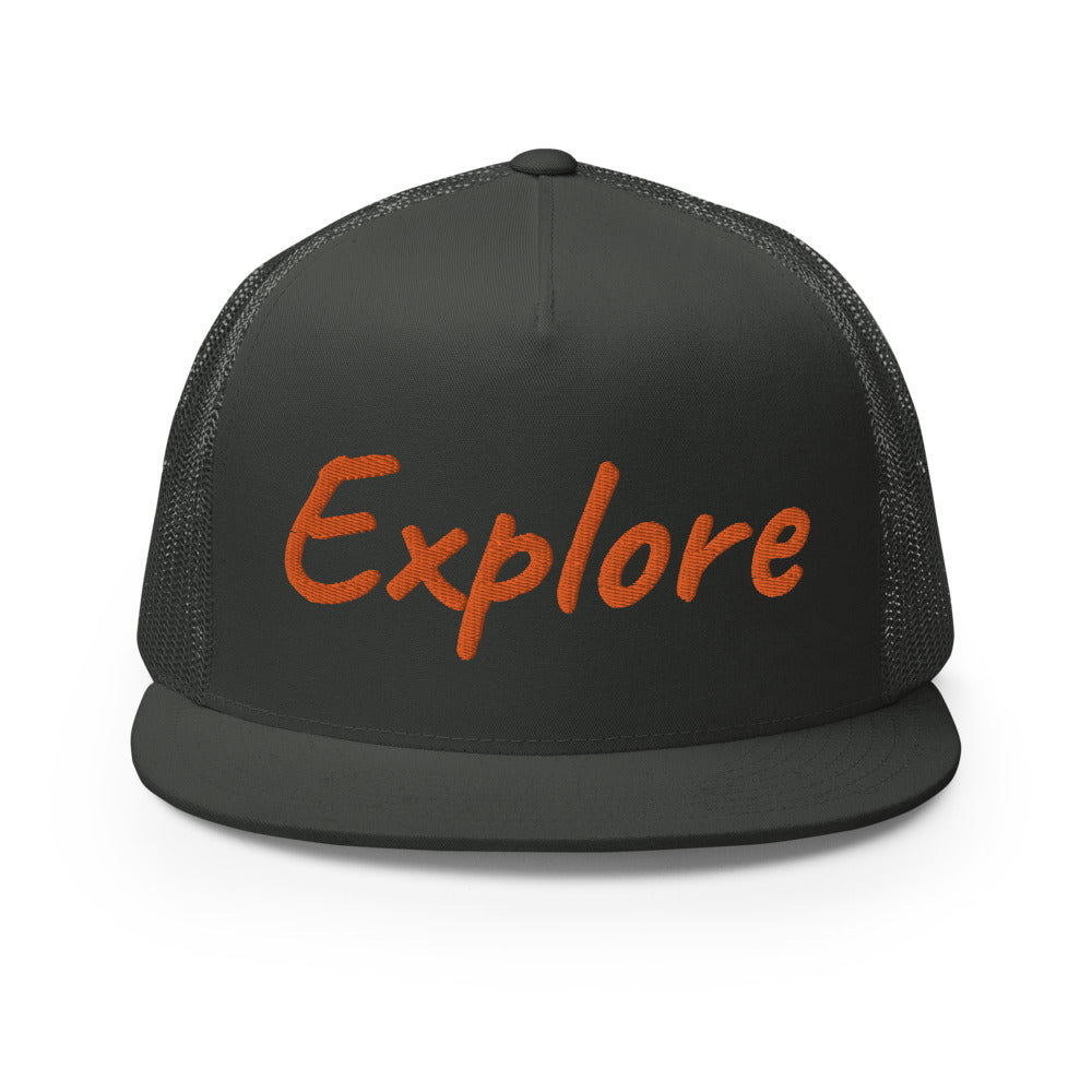 Explore In Amber Embroidery on 5 Panel Trucker Cap