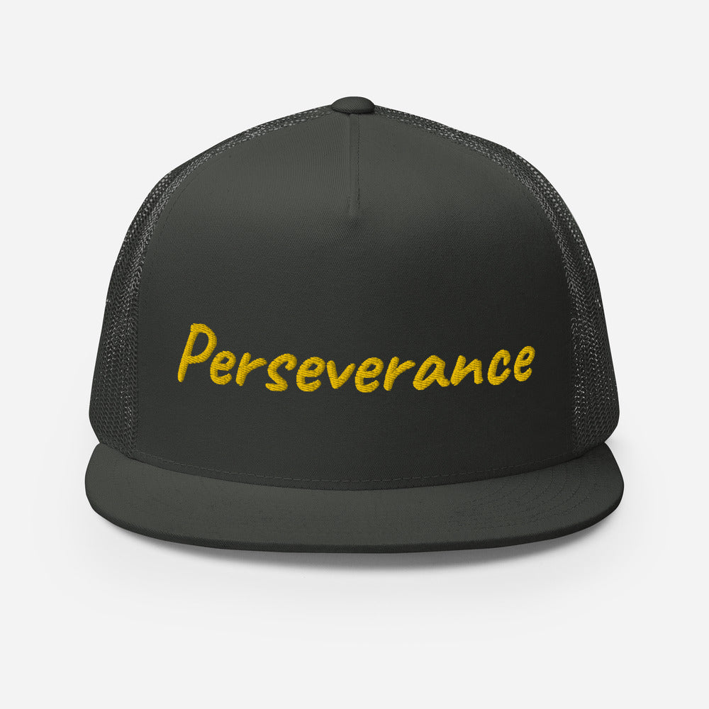 Perseverance In Gold Embroidery on 5 Panel Trucker Cap