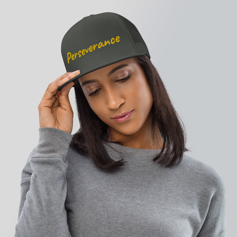 Perseverance In Gold Embroidery on 5 Panel Trucker Cap