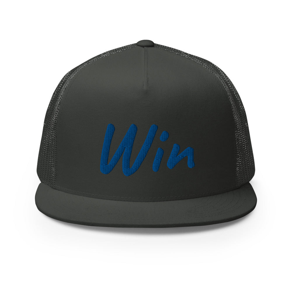 Win In Sapphire Embroidery on 5 Panel Trucker Cap