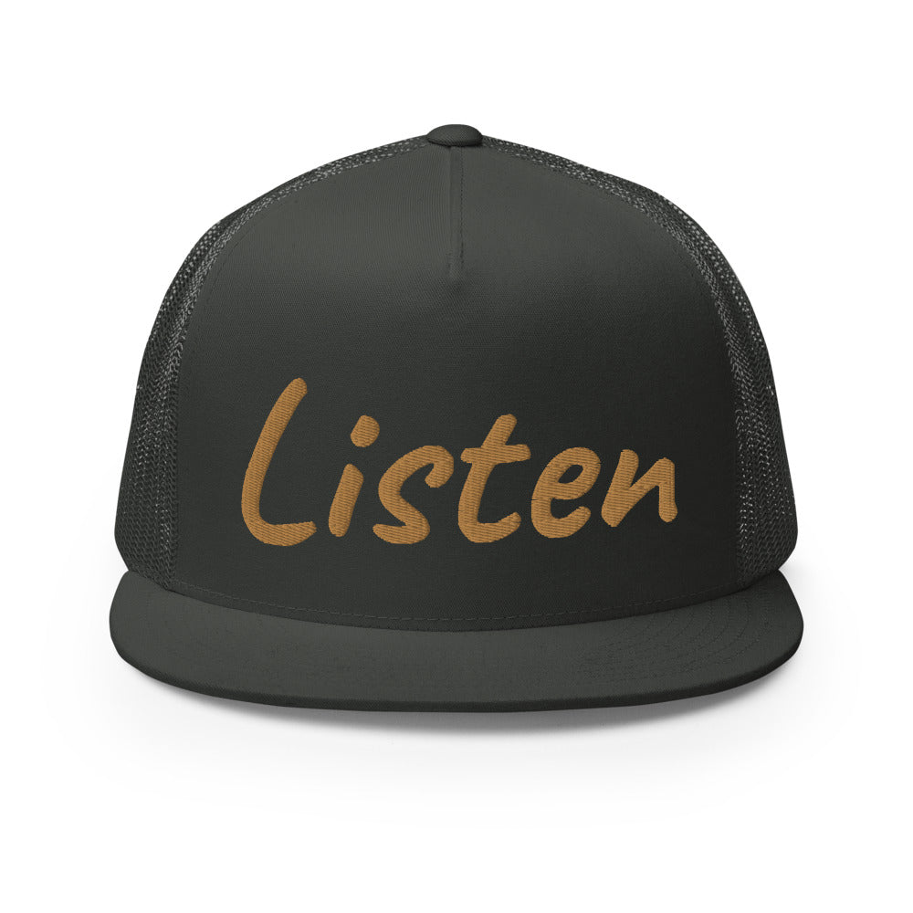 Listen In Copper Embroidery on 5 Panel Trucker Cap