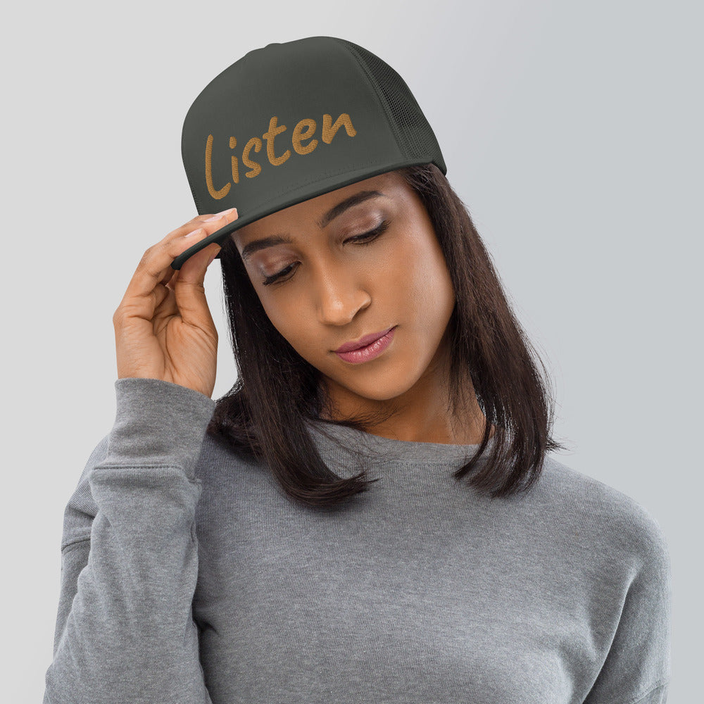 Listen In Copper Embroidery on 5 Panel Trucker Cap