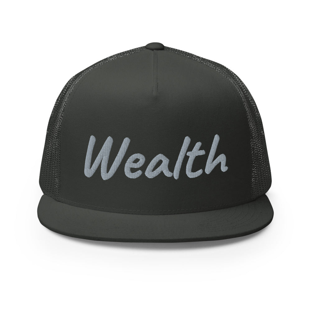 Wealth In Silver Embroidery on 5 Panel Trucker Cap