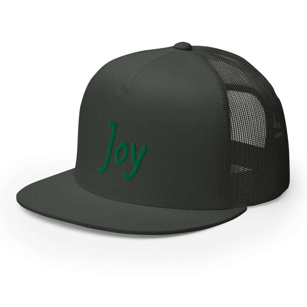 Joy In Emerald Embroidery on 5 Panel Trucker Cap