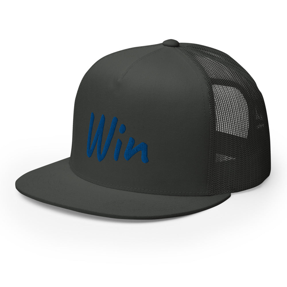 Win In Sapphire Embroidery on 5 Panel Trucker Cap