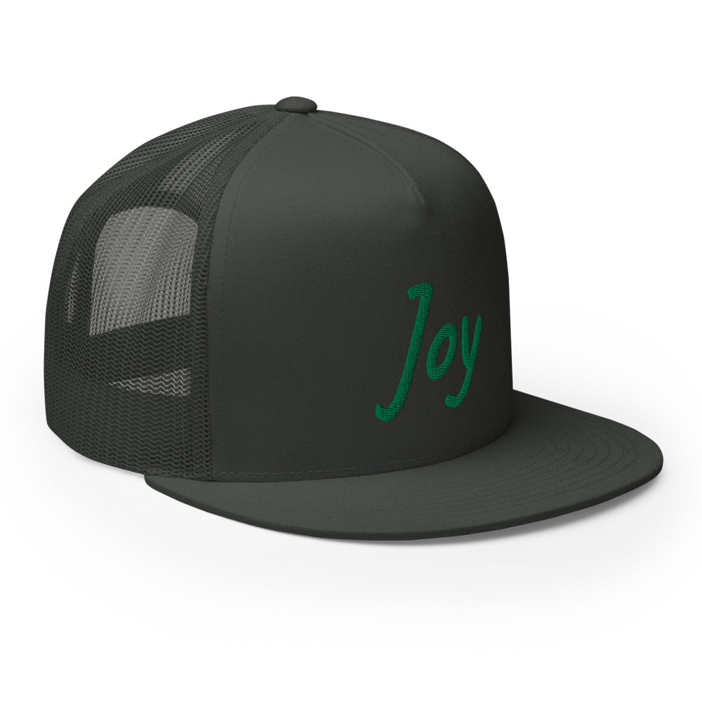 Joy In Emerald Embroidery on 5 Panel Trucker Cap