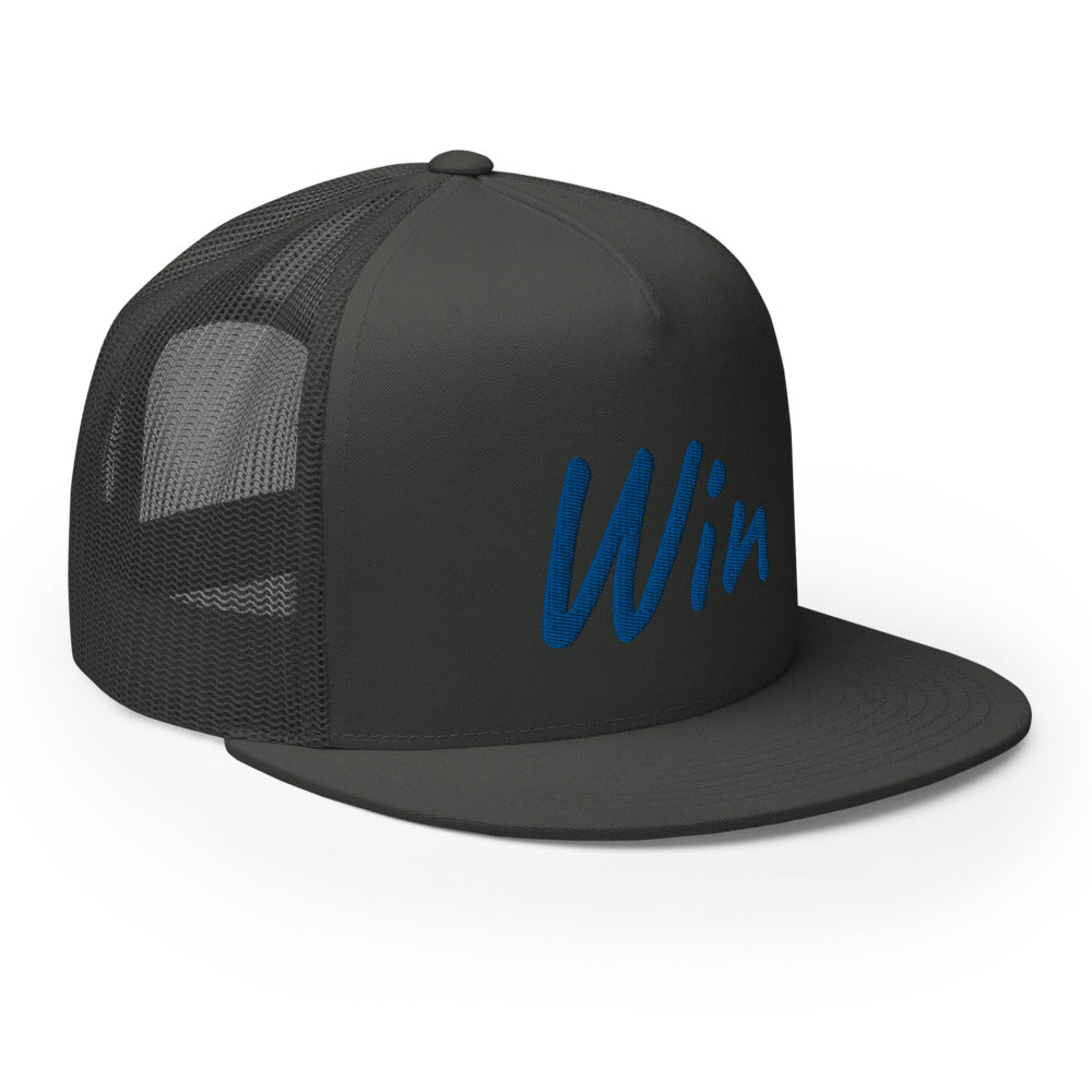 Win In Sapphire Embroidery on 5 Panel Trucker Cap