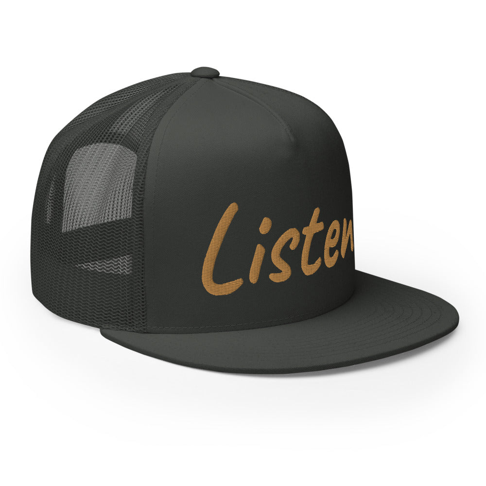 Listen In Copper Embroidery on 5 Panel Trucker Cap