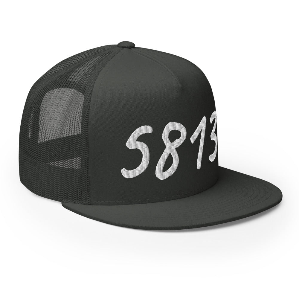 5813 In Pearl Embroidery on 5 Panel Trucker Cap