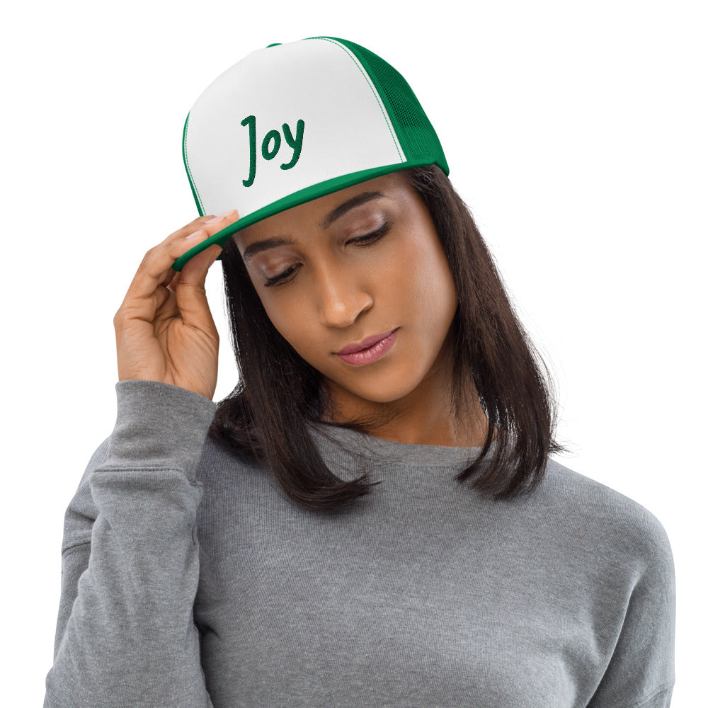 Joy In Emerald Embroidery on 5 Panel Trucker Cap