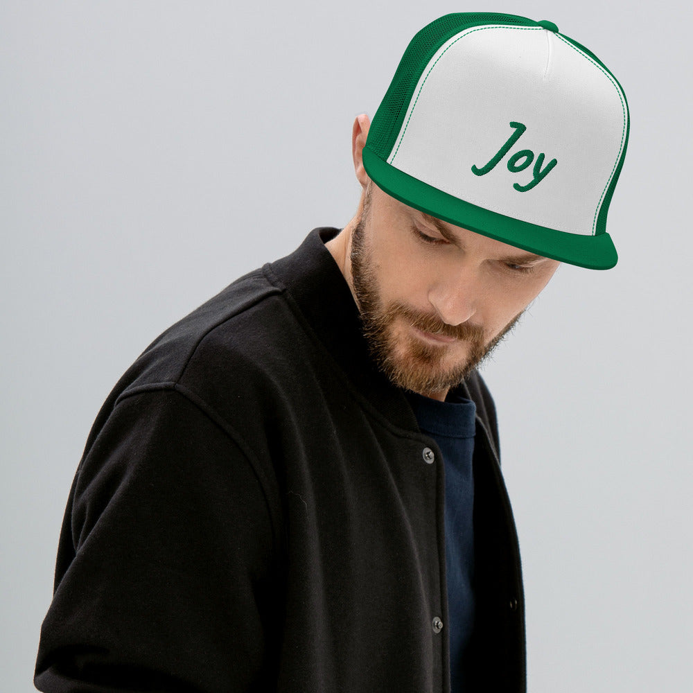 Joy In Emerald Embroidery on 5 Panel Trucker Cap